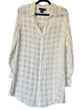 Tahari Cream-White Textured Button-Down Tunic Shirt